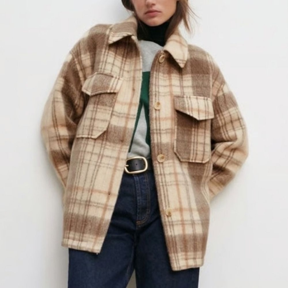 Zara Plaid Shacket Women XS Tan Oversized Flannel 3811/040/450